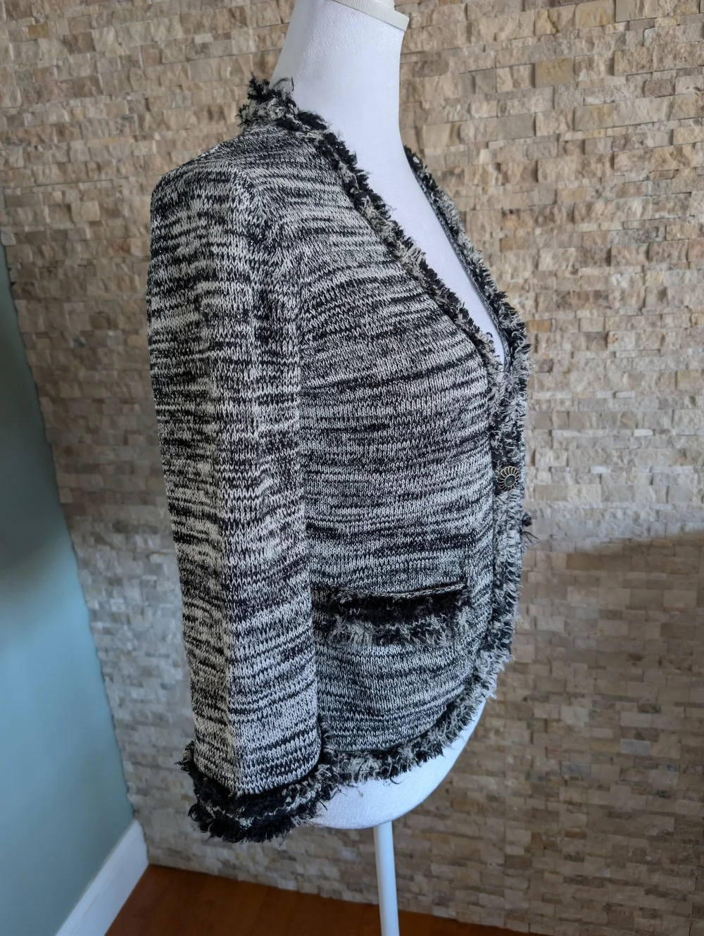 Tweed Knit Cardigan Jacket Black Cream Frayed Trim Chanel Style Sz Small Classic